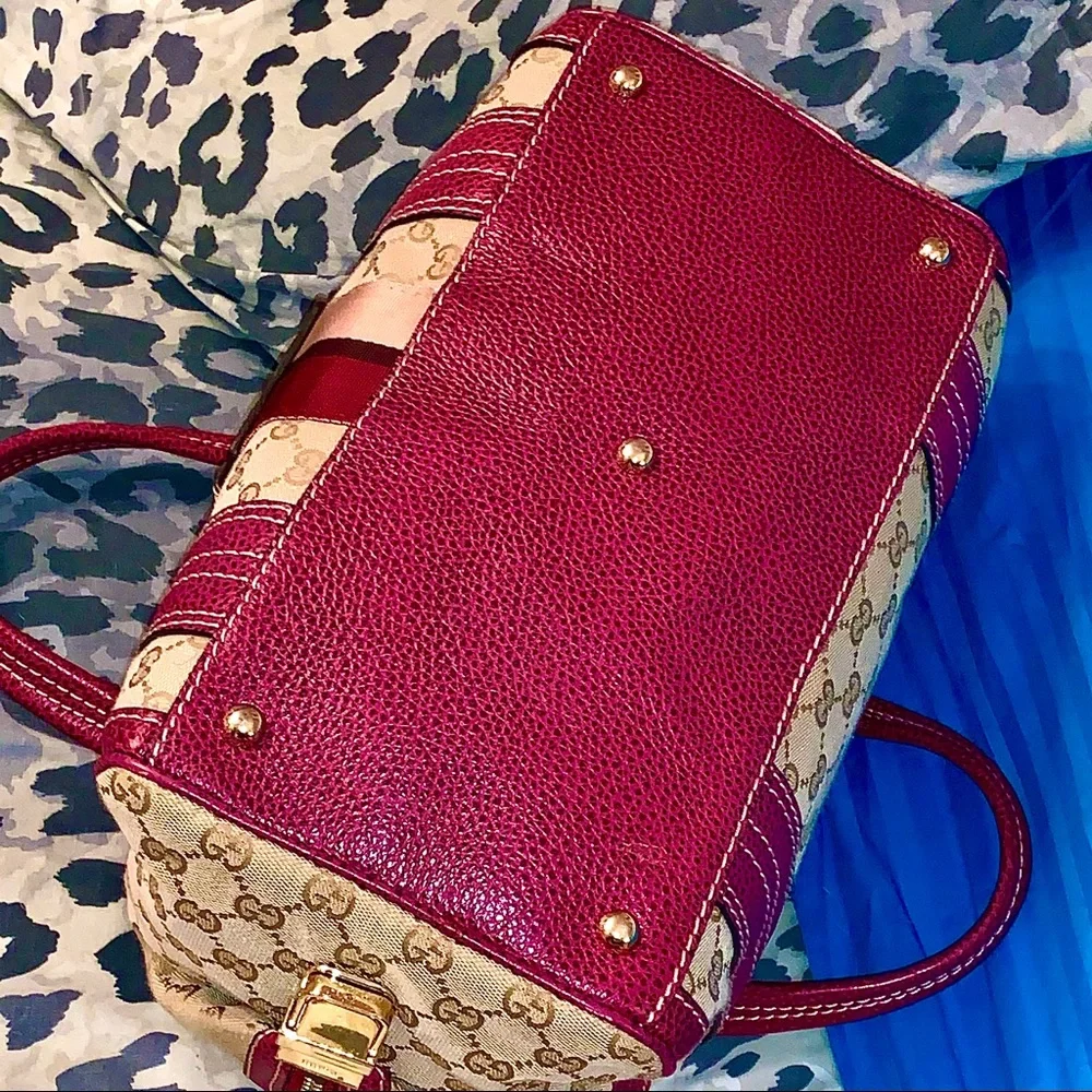Classic Satchel Red Leather Trim & Beige Canvas